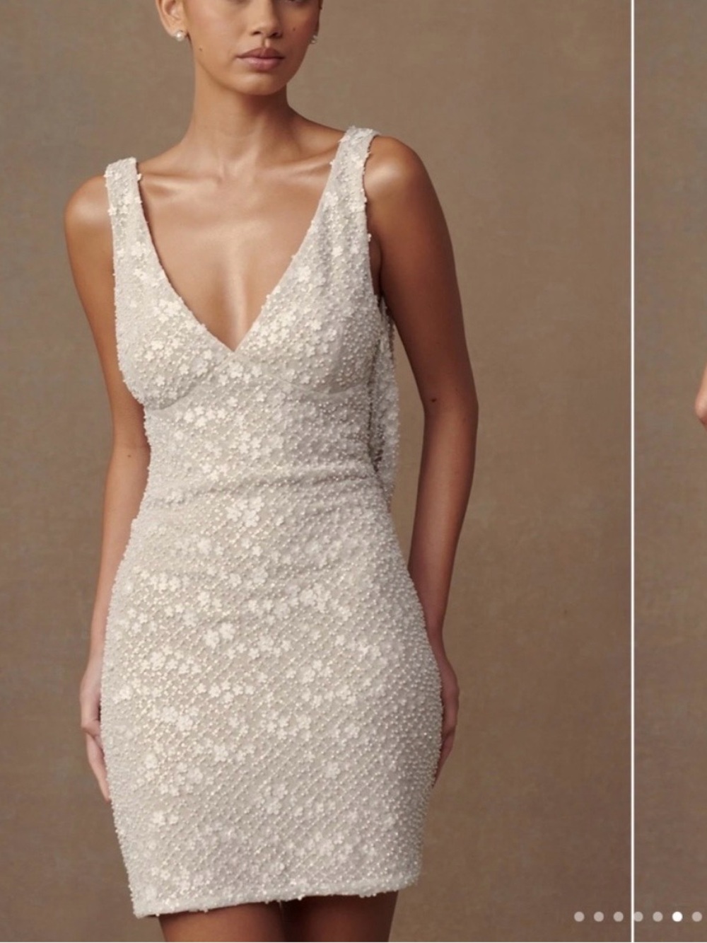 Meshki Ivory Beaded V-Neck Mini Dress